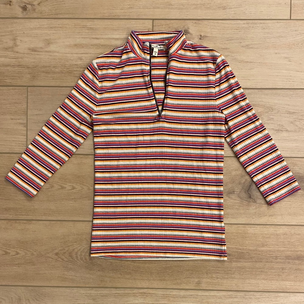 Express One Eleven Womens Multi Color Striped Ribbed Quarter Zip Top‎ Small